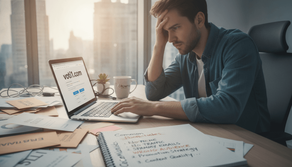 A confused beginner in a modern office setting, looking at a laptop displaying the website voti1.com, surrounded by chaotic paperwork, unopened emails, and marketing materials. In the foreground, a notepad filled with crossed-out phrases and advice on common affiliate marketing mistakes like poor niche selection and ineffective promotion strategies. In the middle ground, a plant and a coffee mug, symbolizing an attempt to stay motivated. The background features a bright window with natural light streaming in, casting a soft glow over the scene, creating an atmosphere of reflection and potential growth. The overall mood is one of frustration mixed with determination, capturing the essence of beginners making mistakes in affiliate marketing. A confused beginner in a modern office setting, looking at a laptop displaying the website voti1.com, surrounded by chaotic paperwork, unopened emails, and marketing materials. In the foreground, a notepad filled with crossed-out phrases and advice on common affiliate marketing mistakes like poor niche selection and ineffective promotion strategies. In the middle ground, a plant and a coffee mug, symbolizing an attempt to stay motivated. The background features a bright window with natural light streaming in, casting a soft glow over the scene, creating an atmosphere of reflection and potential growth. The overall mood is one of frustration mixed with determination, capturing the essence of beginners making mistakes in affiliate marketing.