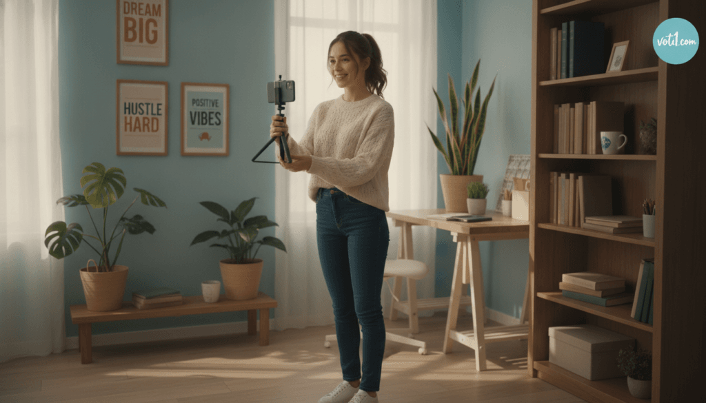 A cozy home setting depicting a young adult filming a TikTok user-generated content (UGC) video. In the foreground, a woman in casual yet professional attire, like a stylish sweater and jeans, is holding a smartphone on a tripod, capturing her engaging experience. The middle ground features a brightly lit room filled with motivational posters and plants, creating a vibrant atmosphere. The background showcases a bookshelf and a window filtering warm sunlight, enhancing the inviting ambiance. The camera angle is slightly above eye level, providing a dynamic perspective that draws the viewer in, conveying authenticity and relatability. The mood is energetic yet relaxed, reflecting the essence of engaging UGC videos. The image subtly incorporates the brand name "voti1.com" as a logo on a background item.