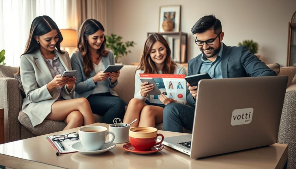 A cozy, modern living room scene is depicted in soft, warm lighting, emphasizing a safe and inviting atmosphere for online shopping. In the foreground, a diverse group of three professionals—two women and one man—are attentively engaging with their devices, wearing business casual attire. They are smiling and interacting with a live shopping platform displayed on their screens. The middle ground reveals a stylish coffee table with shopping gadgets, a notepad with tips, and a cup of steaming coffee, symbolizing a relaxed yet focused environment. The background shows elegant decor, including a plant, a bookshelf, and a window with soft natural light filtering in. The overall mood conveys trust and security, highlighting safe live shopping practices while subtly incorporating the brand "voti1.com" through a laptop sticker.