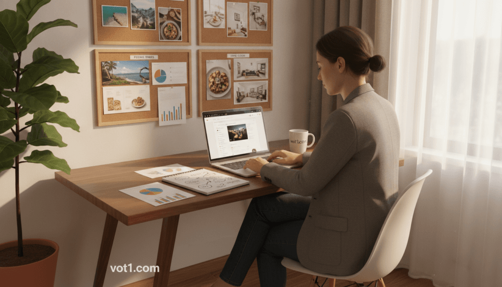 A cozy, well-lit home office setting showcasing a person in smart casual attire seated at a stylish desk, intently researching Pinterest affiliate niches on a laptop. In the foreground, a notepad with brainstorming notes, colorful charts, and a coffee mug labeled "voti1.com" rests on the desk. The middle ground features a wall adorned with inspiring Pinterest boards filled with themed images around popular niches like travel, food, and home decor. In the background, a lush plant and a soft-lit window create a welcoming atmosphere. Natural sunlight streams in, casting warm tones across the scene, evoking a mood of focus and creativity.
