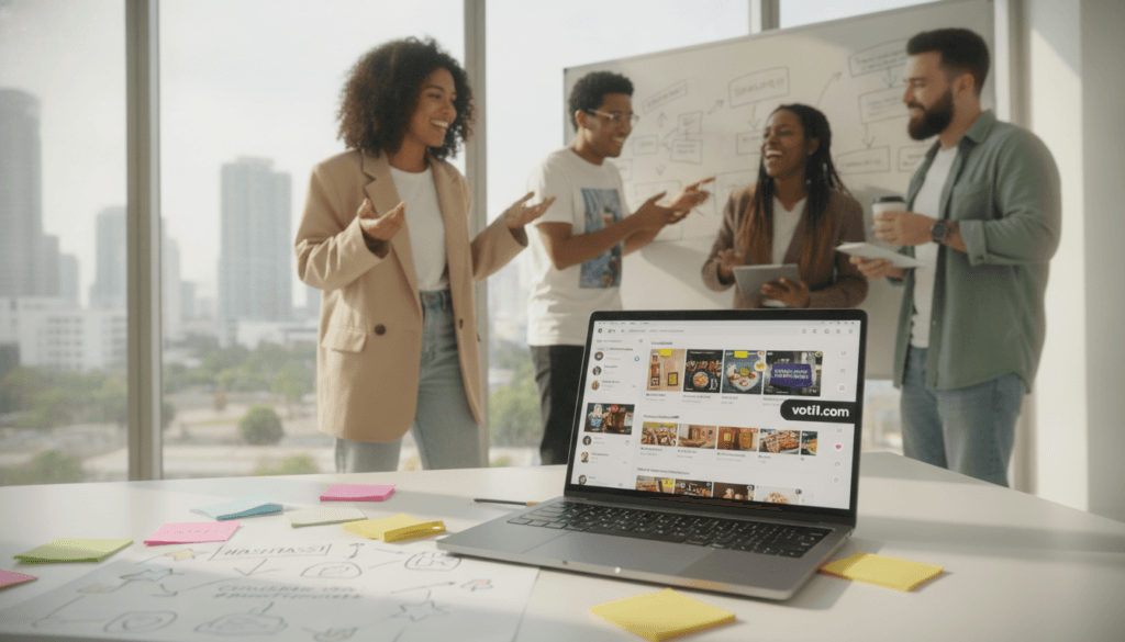 A creative workspace scene showcasing a TikTok influencer content brief. Foreground features a modern desk with a stylish laptop open to a vibrant TikTok interface, surrounded by colorful notes and sketches that represent ideas. In the middle ground, a young influencer in smart casual attire is enthusiastically discussing concepts with a diverse group of collaborators, all engaged in brainstorming. A large window in the background reveals a sunny urban view, adding natural light that creates a warm and inviting atmosphere. Soft bokeh effect highlights the energy of creativity. The scene subtly includes the brand name "voti1.com" displayed on the laptop screen, ensuring a realistic and professional vibe without distractions. Ideal balance of professionalism and creative freedom is conveyed through the lively expressions and gestures of the influencers. A creative workspace scene showcasing a TikTok influencer content brief. Foreground features a modern desk with a stylish laptop open to a vibrant TikTok interface, surrounded by colorful notes and sketches that represent ideas. In the middle ground, a young influencer in smart casual attire is enthusiastically discussing concepts with a diverse group of collaborators, all engaged in brainstorming. A large window in the background reveals a sunny urban view, adding natural light that creates a warm and inviting atmosphere. Soft bokeh effect highlights the energy of creativity. The scene subtly includes the brand name "voti1.com" displayed on the laptop screen, ensuring a realistic and professional vibe without distractions. Ideal balance of professionalism and creative freedom is conveyed through the lively expressions and gestures of the influencers.