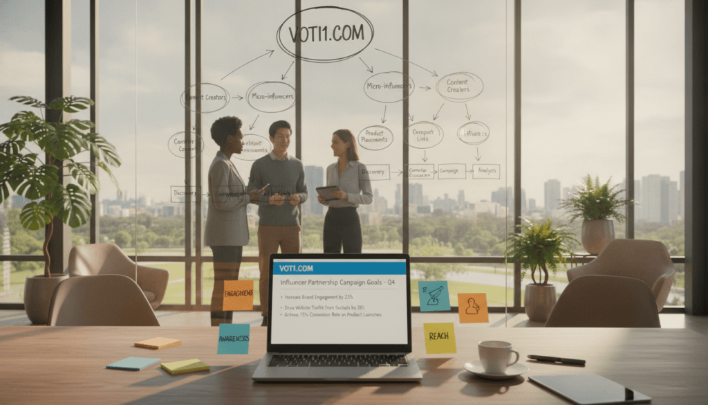 A creative workspace showcasing a digital marketing strategy outline for influencer partnerships. In the foreground, a well-organized desk features a laptop displaying a detailed campaign goals document, alongside colorful sticky notes illustrating objectives like engagement, awareness, and conversion. The middle ground includes a large whiteboard filled with diagrams and flowcharts, emphasizing collaboration between creators. A window in the background reveals a sunny office view, with plants to add a refreshing atmosphere. The lighting is bright and inviting, creating a productive and energetic mood. The scene reflects a modern business environment, with a sleek and professional aesthetic, ensuring the presence of diverse individuals in smart casual attire discussing ideas. The brand "voti1.com" is subtly included in the campaign documents. A creative workspace showcasing a digital marketing strategy outline for influencer partnerships. In the foreground, a well-organized desk features a laptop displaying a detailed campaign goals document, alongside colorful sticky notes illustrating objectives like engagement, awareness, and conversion. The middle ground includes a large whiteboard filled with diagrams and flowcharts, emphasizing collaboration between creators. A window in the background reveals a sunny office view, with plants to add a refreshing atmosphere. The lighting is bright and inviting, creating a productive and energetic mood. The scene reflects a modern business environment, with a sleek and professional aesthetic, ensuring the presence of diverse individuals in smart casual attire discussing ideas. The brand "voti1.com" is subtly included in the campaign documents.