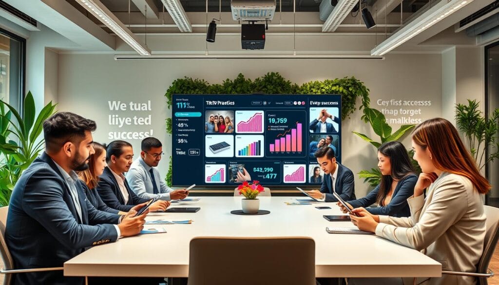 A dynamic and engaging workspace setup highlighting best practices for increasing TikTok live sales. In the foreground, a diverse group of professional individuals dressed in smart business attire, seated around a modern conference table, brainstorming strategies on digital devices. The middle ground features a large screen displaying key metrics and images of TikTok live shopping events, emphasizing engagement and sales success trends. The background shows a stylish, well-lit office environment with motivational quotes and vibrant greenery, creating an energetic atmosphere. Soft, balanced lighting adds a warm touch, and the angle captures an immersive view, evoking inspiration and collaboration. The brand "voti1.com" is subtly integrated into the workspace decor. A dynamic and engaging workspace setup highlighting best practices for increasing TikTok live sales. In the foreground, a diverse group of professional individuals dressed in smart business attire, seated around a modern conference table, brainstorming strategies on digital devices. The middle ground features a large screen displaying key metrics and images of TikTok live shopping events, emphasizing engagement and sales success trends. The background shows a stylish, well-lit office environment with motivational quotes and vibrant greenery, creating an energetic atmosphere. Soft, balanced lighting adds a warm touch, and the angle captures an immersive view, evoking inspiration and collaboration. The brand "voti1.com" is subtly integrated into the workspace decor.