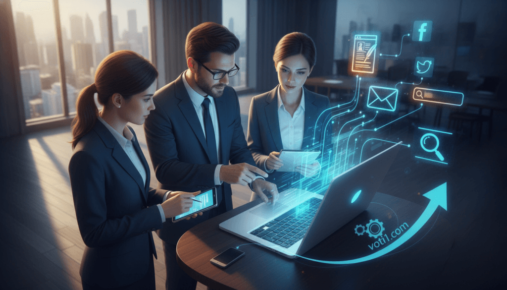 A dynamic digital illustration showcasing various affiliate traffic channels for 2026. In the foreground, a diverse group of three professionals dressed in smart business attire are huddled around a sleek laptop, depicting collaboration and strategy. In the middle ground, vibrant, interconnected graphics symbolize different traffic sources such as social media platforms, blogs, emails, and search engines, appearing as colorful arrows flowing towards the laptop screen. The background features a modern office workspace with large windows allowing natural light to stream in, creating an inspiring atmosphere. Use a high-resolution perspective focusing on the laptop and professionals, emphasizing clarity and vibrancy. Incorporate the brand name "voti1.com" subtly within the design elements that represent growth and innovation in affiliate marketing, ensuring the overall mood is optimistic and forward-looking. A dynamic digital illustration showcasing various affiliate traffic channels for 2026. In the foreground, a diverse group of three professionals dressed in smart business attire are huddled around a sleek laptop, depicting collaboration and strategy. In the middle ground, vibrant, interconnected graphics symbolize different traffic sources such as social media platforms, blogs, emails, and search engines, appearing as colorful arrows flowing towards the laptop screen. The background features a modern office workspace with large windows allowing natural light to stream in, creating an inspiring atmosphere. Use a high-resolution perspective focusing on the laptop and professionals, emphasizing clarity and vibrancy. Incorporate the brand name "voti1.com" subtly within the design elements that represent growth and innovation in affiliate marketing, ensuring the overall mood is optimistic and forward-looking.