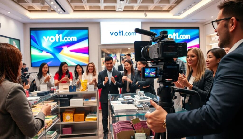 A dynamic, engaging live shopping event scene inside a modern retail store. In the foreground, a diverse group of professional-looking hosts, dressed in smart business attire, enthusiastically demonstrating products to an unseen online audience. The middle layer features shelves stocked with colorful merchandise, showcasing a variety of items like electronics, fashion, and home goods, with a sleek camera setup capturing the interaction. The background displays large screens featuring vibrant visuals of the brand "voti1.com" and a stylishly designed store interior with bright, inviting lighting. The atmosphere is lively and energetic, conveying excitement and innovation, with a warm glow from overhead lights and a well-composed angles that emphasize the connection between hosts and the audience. A dynamic, engaging live shopping event scene inside a modern retail store. In the foreground, a diverse group of professional-looking hosts, dressed in smart business attire, enthusiastically demonstrating products to an unseen online audience. The middle layer features shelves stocked with colorful merchandise, showcasing a variety of items like electronics, fashion, and home goods, with a sleek camera setup capturing the interaction. The background displays large screens featuring vibrant visuals of the brand "voti1.com" and a stylishly designed store interior with bright, inviting lighting. The atmosphere is lively and energetic, conveying excitement and innovation, with a warm glow from overhead lights and a well-composed angles that emphasize the connection between hosts and the audience.