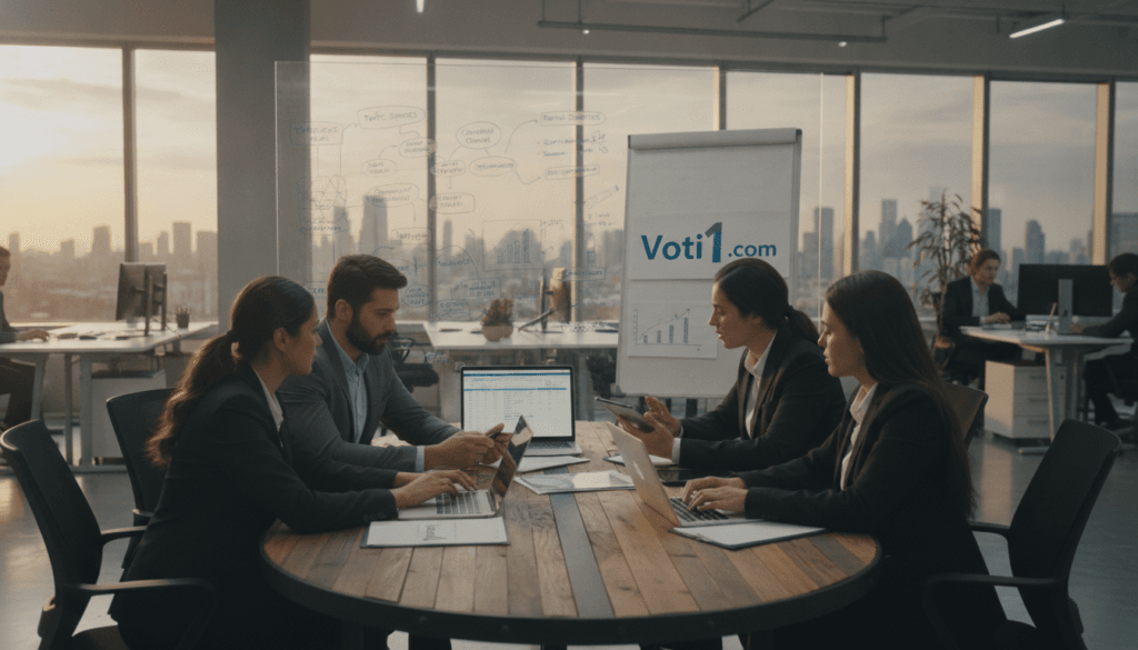 A dynamic office scene depicting a professional business consultant providing affiliate marketing assistance. In the foreground, a diverse group of individuals, dressed in smart business attire, gather around a modern conference table, engaging in discussion and reviewing data on laptops and tablets. The middle ground features a large whiteboard filled with charts and strategies, while brand materials for "voti1.com" are displayed prominently. The background showcases a sleek, contemporary office with large windows letting in natural light, creating a bright and motivating atmosphere. Use a wide-angle lens to capture the collaborative energy, enhancing the mood of teamwork and support. Soft, warm lighting enhances the inviting feel of the workspace, making it clear that expert assistance can help overcome affiliate marketing challenges. A dynamic office scene depicting a professional business consultant providing affiliate marketing assistance. In the foreground, a diverse group of individuals, dressed in smart business attire, gather around a modern conference table, engaging in discussion and reviewing data on laptops and tablets. The middle ground features a large whiteboard filled with charts and strategies, while brand materials for "voti1.com" are displayed prominently. The background showcases a sleek, contemporary office with large windows letting in natural light, creating a bright and motivating atmosphere. Use a wide-angle lens to capture the collaborative energy, enhancing the mood of teamwork and support. Soft, warm lighting enhances the inviting feel of the workspace, making it clear that expert assistance can help overcome affiliate marketing challenges.