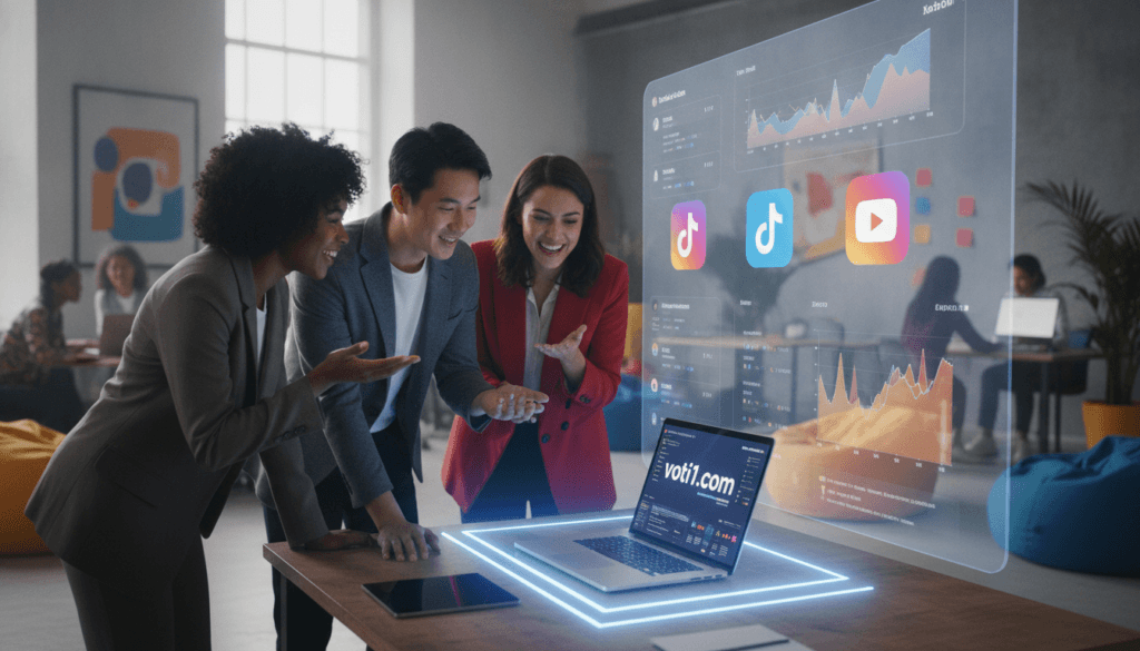 A dynamic, professional scene depicting a diverse group of TikTok influencers engaged in outreach and networking. In the foreground, three influencers, dressed in smart casual attire, are animatedly discussing collaboration ideas over a laptop, showcasing the modern digital marketing landscape. The middle ground features a large screen displaying trends, analytics, and social media icons, symbolizing strategic planning. In the background, a sleek, contemporary office space with soft natural lighting and vibrant decor reflects an energetic yet focused atmosphere. Bright colors and engaging expressions convey excitement and creativity in building relationships. The image subtly incorporates the brand name "voti1.com" on the laptop screen, emphasizing a digital outreach theme. A dynamic, professional scene depicting a diverse group of TikTok influencers engaged in outreach and networking. In the foreground, three influencers, dressed in smart casual attire, are animatedly discussing collaboration ideas over a laptop, showcasing the modern digital marketing landscape. The middle ground features a large screen displaying trends, analytics, and social media icons, symbolizing strategic planning. In the background, a sleek, contemporary office space with soft natural lighting and vibrant decor reflects an energetic yet focused atmosphere. Bright colors and engaging expressions convey excitement and creativity in building relationships. The image subtly incorporates the brand name "voti1.com" on the laptop screen, emphasizing a digital outreach theme.