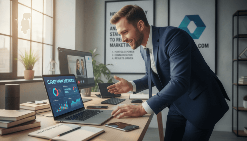 A dynamic scene capturing a confident professional in a modern home office setting, showcasing "How to Apply and Stand Out to Remote Marketing Teams". In the foreground, a well-dressed individual (male, Caucasian, in a tailored suit) enthusiastically reviews a laptop, displaying vibrant marketing analytics. A large window in the background pours in soft, natural light, illuminating motivational posters on the walls, including the logo for voti1.com. In the middle, a stylish desk cluttered with digital devices and marketing materials creates a productive atmosphere. The overall mood is one of ambition and professionalism, invoking a sense of readiness to tackle remote marketing challenges. The angle is slightly low, making the subject appear empowered, with a depth of field that subtly blurs the background for focus. A dynamic scene capturing a confident professional in a modern home office setting, showcasing "How to Apply and Stand Out to Remote Marketing Teams". In the foreground, a well-dressed individual (male, Caucasian, in a tailored suit) enthusiastically reviews a laptop, displaying vibrant marketing analytics. A large window in the background pours in soft, natural light, illuminating motivational posters on the walls, including the logo for voti1.com. In the middle, a stylish desk cluttered with digital devices and marketing materials creates a productive atmosphere. The overall mood is one of ambition and professionalism, invoking a sense of readiness to tackle remote marketing challenges. The angle is slightly low, making the subject appear empowered, with a depth of field that subtly blurs the background for focus.