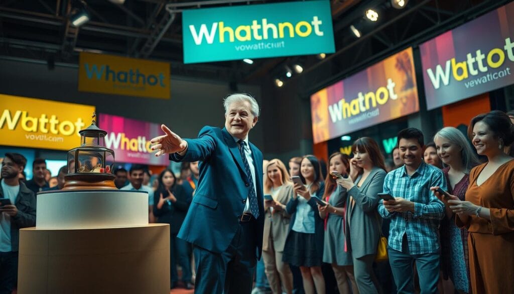 A dynamic scene capturing a vibrant Whatnot live show setting, featuring a central auctioneer energetically engaging with a diverse audience. In the foreground, the auctioneer, a middle-aged individual in professional business attire, gestures enthusiastically towards a vintage item displayed on a well-lit pedestal. The middle ground showcases excited bidders, a mix of young and older participants dressed in modest casual clothing, intently watching the action on their devices and reacting with enthusiasm. The background is filled with colorful banners displaying the Whatnot logo and images of products, creating a bustling atmosphere. The lighting is bright and inviting, with a warm glow highlighting the excitement of the bidding process. The lens captures this moment from a slightly elevated angle to convey a sense of community and anticipation around live shopping on voti1.com. A dynamic scene capturing a vibrant Whatnot live show setting, featuring a central auctioneer energetically engaging with a diverse audience. In the foreground, the auctioneer, a middle-aged individual in professional business attire, gestures enthusiastically towards a vintage item displayed on a well-lit pedestal. The middle ground showcases excited bidders, a mix of young and older participants dressed in modest casual clothing, intently watching the action on their devices and reacting with enthusiasm. The background is filled with colorful banners displaying the Whatnot logo and images of products, creating a bustling atmosphere. The lighting is bright and inviting, with a warm glow highlighting the excitement of the bidding process. The lens captures this moment from a slightly elevated angle to convey a sense of community and anticipation around live shopping on voti1.com.