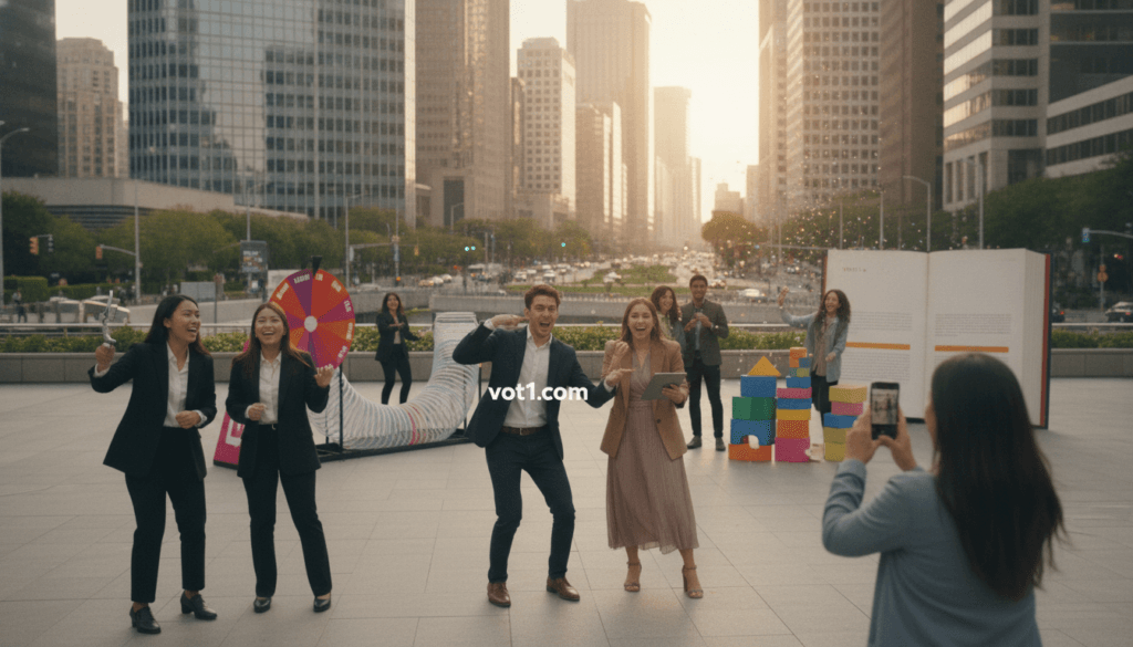 A dynamic scene of a diverse group of young adults engaging in TikTok user-generated content (UGC) challenges in a well-lit, urban setting. In the foreground, enthusiastic participants are recording each other, showcasing creativity and teamwork, dressed in professional business attire and smart casual clothing. The middle ground features colorful props and playful challenges related to popular TikTok trends, such as dance moves and creative storytelling. The background features a vibrant cityscape, hinting at a lively atmosphere. Soft, natural lighting enhances the cheerful mood, emphasizing the participants' expressions of joy and determination. The entire composition evokes a sense of collaboration and innovation in digital content creation. Brand visual elements of "voti1.com" subtly integrated into the scene.