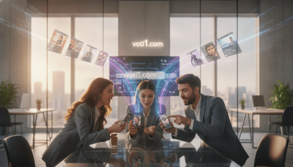 A dynamic scene showcasing the concept of "TikTok influencer content amplification." In the foreground, a diverse group of three influencers in professional business attire engaged in a lively discussion, evaluating smartphone screens displaying TikTok videos. Their expressions reflect enthusiasm and creativity. In the middle ground, colorful visuals represent the amplification of content, such as sound waves and video clips radiating outward from the devices. The background features a modern workspace with large windows letting in bright, natural light, creating a vibrant and energetic atmosphere. The scene uses a shallow depth of field to keep the influencers in sharp focus, with warm lighting to enhance the inviting mood. Include subtle branding elements of "voti1.com" integrated into the workspace design. A dynamic scene showcasing the concept of "TikTok influencer content amplification." In the foreground, a diverse group of three influencers in professional business attire engaged in a lively discussion, evaluating smartphone screens displaying TikTok videos. Their expressions reflect enthusiasm and creativity. In the middle ground, colorful visuals represent the amplification of content, such as sound waves and video clips radiating outward from the devices. The background features a modern workspace with large windows letting in bright, natural light, creating a vibrant and energetic atmosphere. The scene uses a shallow depth of field to keep the influencers in sharp focus, with warm lighting to enhance the inviting mood. Include subtle branding elements of "voti1.com" integrated into the workspace design.