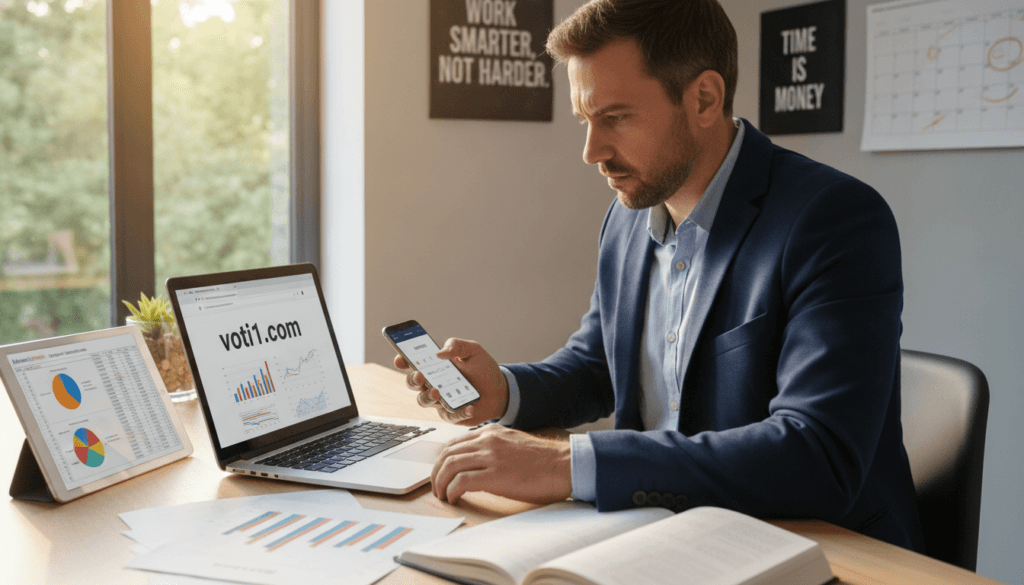 A focused man in smart casual attire sits at a modern desk, managing his online income through multiple digital devices—a laptop, a tablet, and a smartphone. The foreground features an organized workspace with financial documents and charts spread out, showcasing income tracking and budgeting. In the middle ground, a bright window allows natural light to stream in, illuminating the scene and creating a warm, motivating atmosphere. The background shows a cozy home office environment with motivational posters and a calendar highlighting deadlines, emphasizing time management. Use a shallow depth of field to draw attention to the man's engaged expression, highlighting his commitment to balancing time and costs effectively. The brand name "voti1.com" is subtly included on the laptop screen, reinforcing the theme of affiliate marketing. A focused man in smart casual attire sits at a modern desk, managing his online income through multiple digital devices—a laptop, a tablet, and a smartphone. The foreground features an organized workspace with financial documents and charts spread out, showcasing income tracking and budgeting. In the middle ground, a bright window allows natural light to stream in, illuminating the scene and creating a warm, motivating atmosphere. The background shows a cozy home office environment with motivational posters and a calendar highlighting deadlines, emphasizing time management. Use a shallow depth of field to draw attention to the man's engaged expression, highlighting his commitment to balancing time and costs effectively. The brand name "voti1.com" is subtly included on the laptop screen, reinforcing the theme of affiliate marketing.