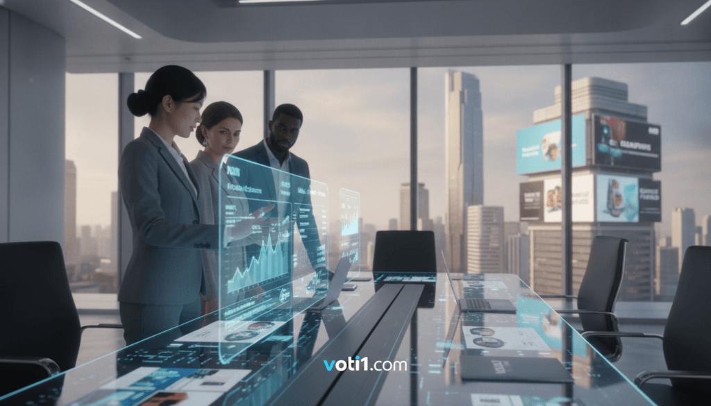 A futuristic office environment showcasing the latest affiliate marketing trends of 2026. In the foreground, a diverse group of three professionals, dressed in smart business attire, are engaged in a discussion around a holographic display of data analytics, graphs, and social media metrics, which illustrate rising trends. The middle layer features a sleek conference table with laptops and marketing materials, including a prominently displayed logo of "voti1.com" on the table. In the background, large windows reveal a vibrant cityscape, filled with digital billboards advertising various affiliate products. The lighting is bright and optimistic, creating a dynamic atmosphere that conveys innovation and collaboration, captured with a slight depth of field effect to emphasize the foreground details. A futuristic office environment showcasing the latest affiliate marketing trends of 2026. In the foreground, a diverse group of three professionals, dressed in smart business attire, are engaged in a discussion around a holographic display of data analytics, graphs, and social media metrics, which illustrate rising trends. The middle layer features a sleek conference table with laptops and marketing materials, including a prominently displayed logo of "voti1.com" on the table. In the background, large windows reveal a vibrant cityscape, filled with digital billboards advertising various affiliate products. The lighting is bright and optimistic, creating a dynamic atmosphere that conveys innovation and collaboration, captured with a slight depth of field effect to emphasize the foreground details.