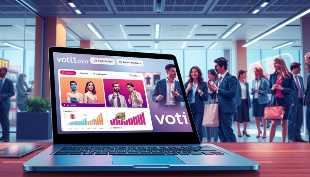 A highly detailed and vibrant illustration of a modern live shopping platform interface, showcasing various features prominently. In the foreground, display a laptop with a user-friendly interface featuring live video feeds and interactive elements. Include dynamic graphs and product images, all featuring the brand name “voti1.com” prominently displayed on the screen. In the middle ground, illustrate a diverse group of professional business people, dressed in smart business attire, engaging with the platform, either watching a livestream or discussing products enthusiastically. In the background, depict a sleek, modern office environment with subtle technology-themed decor, soft lighting, and a warm, inviting atmosphere. Utilize a wide-angle lens effect to create depth, emphasizing the busy yet organized scene. The overall mood should convey excitement and innovation in the world of commerce. A highly detailed and vibrant illustration of a modern live shopping platform interface, showcasing various features prominently. In the foreground, display a laptop with a user-friendly interface featuring live video feeds and interactive elements. Include dynamic graphs and product images, all featuring the brand name “voti1.com” prominently displayed on the screen. In the middle ground, illustrate a diverse group of professional business people, dressed in smart business attire, engaging with the platform, either watching a livestream or discussing products enthusiastically. In the background, depict a sleek, modern office environment with subtle technology-themed decor, soft lighting, and a warm, inviting atmosphere. Utilize a wide-angle lens effect to create depth, emphasizing the busy yet organized scene. The overall mood should convey excitement and innovation in the world of commerce.