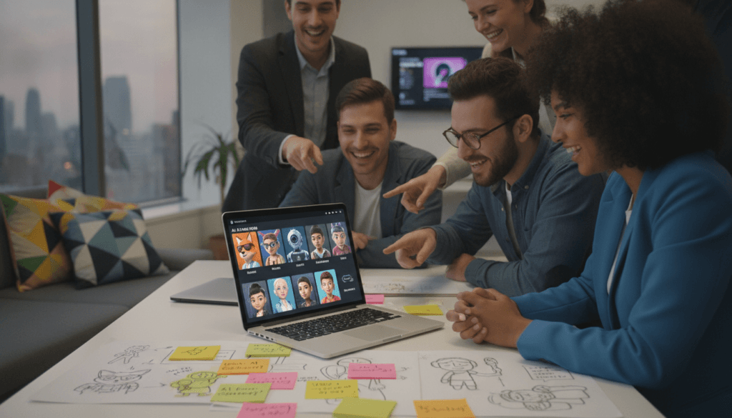A lively and engaging scene featuring a UGC creator collaborating with an AI avatar on video content for TikTok. In the foreground, a diverse group of individuals in professional business attire, including a woman with curly hair and a man with glasses, are gathered around a sleek laptop displaying various AI avatar options. The avatars on the screen range from whimsical to realistic, showcasing different styles and personalities. In the middle ground, there are colorful sticky notes and concept sketches scattered on a table, highlighting brainstorming efforts. The background is filled with bright, modern office decor, soft lighting illuminating the space, and a large window showcasing a cityscape. The atmosphere is creative and dynamic, ideal for producing viral content. The brand "voti1.com" should also be subtly integrated within the scene.