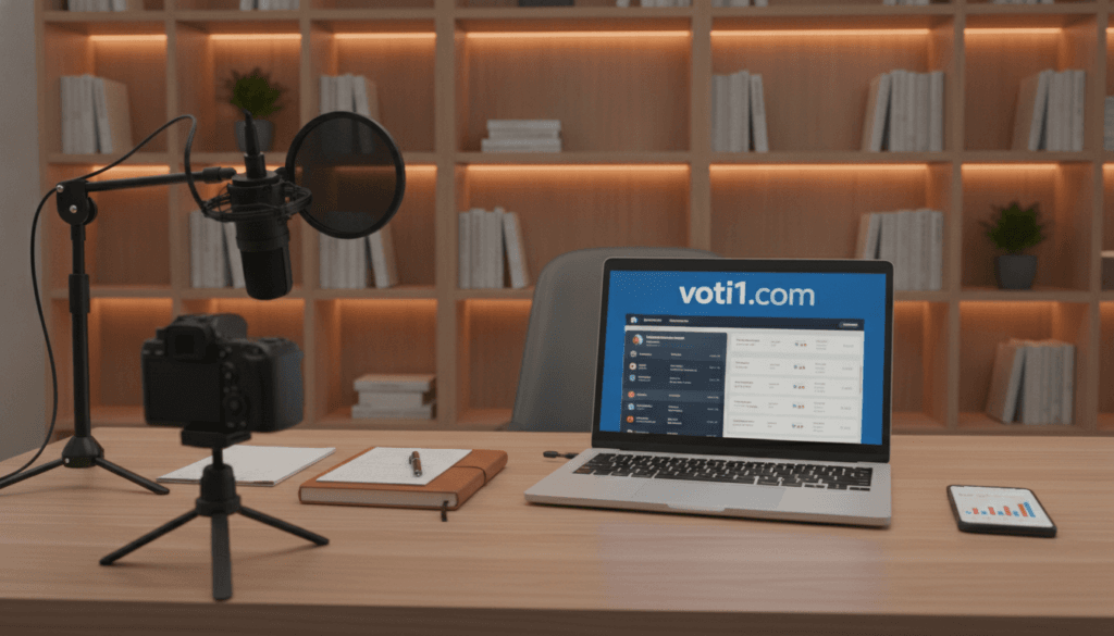 A modern and professional workspace featuring a well-organized desk with a laptop displaying an affiliate marketing interface and the brand name "voti1.com" prominently on the screen. In the foreground, there’s an animated video setup with a camera and microphone, symbolizing faceless video and audio content creation. The middle section showcases a neatly arranged notebook and a smartphone with graphs and data analytics, giving a sense of strategy and planning. In the background, soft ambient lighting creates a warm atmosphere, complemented by a bookshelf filled with business books. The scene captures a motivational mood, emphasizing the concept of affiliate marketing without the need for personal presentation, with a clean, polished aesthetic that inspires creativity. A modern and professional workspace featuring a well-organized desk with a laptop displaying an affiliate marketing interface and the brand name "voti1.com" prominently on the screen. In the foreground, there’s an animated video setup with a camera and microphone, symbolizing faceless video and audio content creation. The middle section showcases a neatly arranged notebook and a smartphone with graphs and data analytics, giving a sense of strategy and planning. In the background, soft ambient lighting creates a warm atmosphere, complemented by a bookshelf filled with business books. The scene captures a motivational mood, emphasizing the concept of affiliate marketing without the need for personal presentation, with a clean, polished aesthetic that inspires creativity.