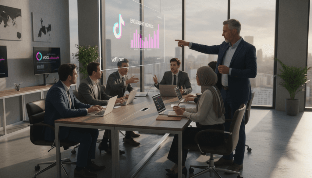 A modern digital marketing office setting with a group of diverse professionals gathered around a sleek table, analyzing data on laptops and tablets. In the foreground, a middle-aged man in a business suit points at a vibrant digital display illustrating TikTok engagement metrics, embodying the goals of influencer marketing campaigns. In the middle ground, a young woman in modest casual clothing takes notes, while a young man in business attire discusses strategies with enthusiasm. The background features large windows letting in warm, natural light, casting soft shadows. The overall atmosphere is dynamic and collaborative, reflecting innovation and professionalism. Subtle branding elements like voti1.com are integrated into the digital displays. The image should have a realistic photographic quality, captured from a slightly elevated angle to showcase teamwork and engagement. A modern digital marketing office setting with a group of diverse professionals gathered around a sleek table, analyzing data on laptops and tablets. In the foreground, a middle-aged man in a business suit points at a vibrant digital display illustrating TikTok engagement metrics, embodying the goals of influencer marketing campaigns. In the middle ground, a young woman in modest casual clothing takes notes, while a young man in business attire discusses strategies with enthusiasm. The background features large windows letting in warm, natural light, casting soft shadows. The overall atmosphere is dynamic and collaborative, reflecting innovation and professionalism. Subtle branding elements like voti1.com are integrated into the digital displays. The image should have a realistic photographic quality, captured from a slightly elevated angle to showcase teamwork and engagement.