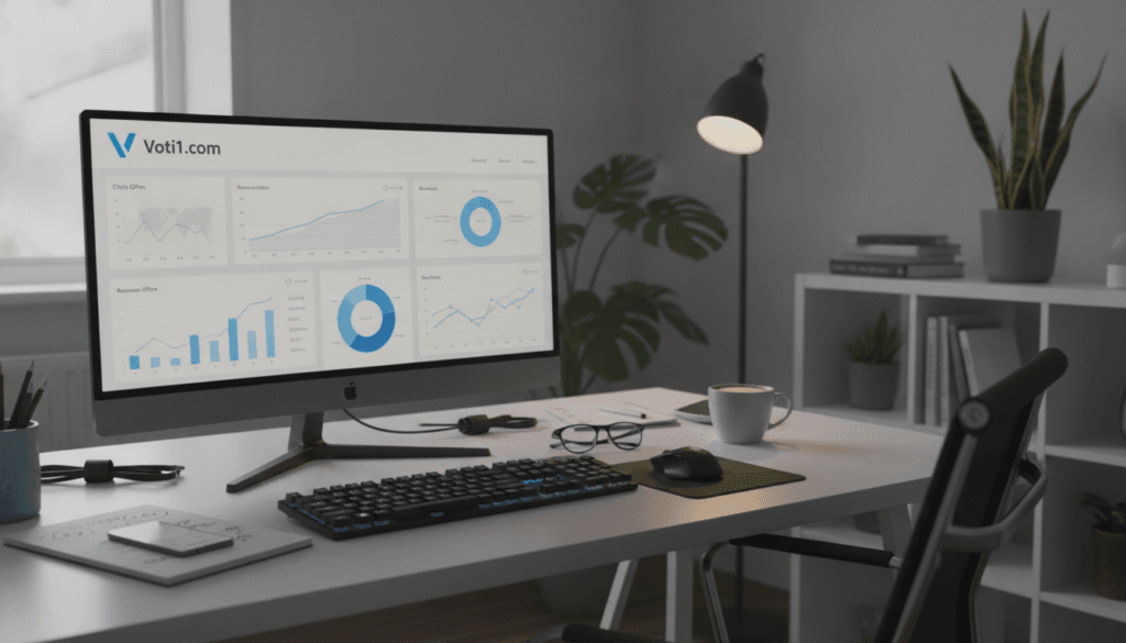 A modern digital workspace depicting a sleek computer setup focused on affiliate marketing tracking platforms. In the foreground, a high-resolution screen displays an intuitive dashboard filled with graphs, analytics, and the logo of voti1.com prominently featured. The middle layer showcases the desk cluttered with notes, a smartphone receiving notifications, and a cup of coffee, suggesting an engaged professional. In the background, a well-organized office space is visible, illuminated by soft, warm lighting that creates a productive atmosphere. The room features neutral tones, with houseplants adding a touch of greenery. The scene conveys a sense of motivation and professionalism, inspiring individuals looking to excel in affiliate marketing from home. A modern digital workspace depicting a sleek computer setup focused on affiliate marketing tracking platforms. In the foreground, a high-resolution screen displays an intuitive dashboard filled with graphs, analytics, and the logo of voti1.com prominently featured. The middle layer showcases the desk cluttered with notes, a smartphone receiving notifications, and a cup of coffee, suggesting an engaged professional. In the background, a well-organized office space is visible, illuminated by soft, warm lighting that creates a productive atmosphere. The room features neutral tones, with houseplants adding a touch of greenery. The scene conveys a sense of motivation and professionalism, inspiring individuals looking to excel in affiliate marketing from home.