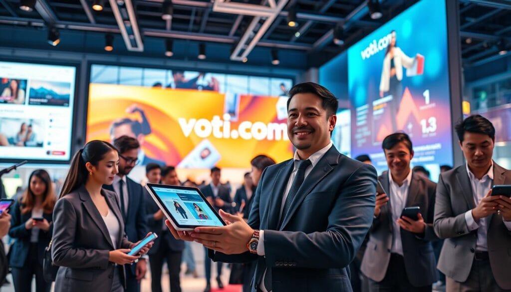 A modern indoor setting capturing the essence of live commerce on social media platforms, featuring a diverse group of professionals in business attire engaging with digital devices. In the foreground, a confident host demonstrates a product on a sleek tablet, showcasing live interaction with viewers. The middle layer displays vibrant visuals of social media interfaces, enhancing the atmosphere of a bustling live shopping event. The background includes large screens displaying dynamic product videos and analytics, illuminated by soft, colorful LED lighting to create a lively ambiance. The overall mood is energetic and innovative, representing the future of e-commerce in 2026. Ensure the brand name "voti1.com" is subtly integrated within the digital displays. Capture the scene with a wide-angle lens to encompass the full interaction experience.