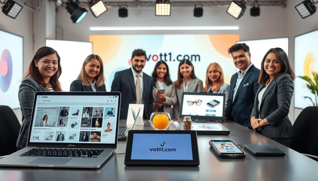 A modern live shopping ads campaign setup featuring a diverse group of professionals in business attire, gathered around a sleek, well-organized table. In the foreground, a laptop displays the TikTok interface with engaging analytics and product listings. In the middle, there's an eye-catching display of products with soft lighting highlighting unique features, alongside tablets and smartphones showcasing similar items. The background shows a bright, inviting studio space with a colorful backdrop featuring the brand logo "voti1.com". The atmosphere is energetic and engaging, with spotlights focusing on the products, and soft ambient lighting creating a welcoming environment. The lens is set to a medium focal length to capture the scene in depth while maintaining clarity, showcasing the cutting-edge technology and teamwork involved in creating a TikTok live shopping campaign. A modern live shopping ads campaign setup featuring a diverse group of professionals in business attire, gathered around a sleek, well-organized table. In the foreground, a laptop displays the TikTok interface with engaging analytics and product listings. In the middle, there's an eye-catching display of products with soft lighting highlighting unique features, alongside tablets and smartphones showcasing similar items. The background shows a bright, inviting studio space with a colorful backdrop featuring the brand logo "voti1.com". The atmosphere is energetic and engaging, with spotlights focusing on the products, and soft ambient lighting creating a welcoming environment. The lens is set to a medium focal length to capture the scene in depth while maintaining clarity, showcasing the cutting-edge technology and teamwork involved in creating a TikTok live shopping campaign.