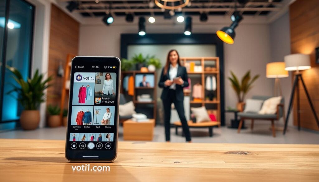 A modern live shopping app interface designed for Shopify brands, prominently featuring the brand name "voti1.com." In the foreground, a sleek smartphone displays an engaging live shopping stream with vibrant product images, showcasing various items like fashion, electronics, and home decor. The middle ground features a stylish, professional host in business attire presenting products, surrounded by visually appealing merchandise. In the background, a warm, well-lit studio set creates an inviting atmosphere, with decorative elements like plants and soft lighting to enhance the mood. The overall composition is balanced, emphasizing a dynamic, interactive shopping experience with a joyful ambiance, captured in high resolution with a focus on clarity and detail. A modern live shopping app interface designed for Shopify brands, prominently featuring the brand name "voti1.com." In the foreground, a sleek smartphone displays an engaging live shopping stream with vibrant product images, showcasing various items like fashion, electronics, and home decor. The middle ground features a stylish, professional host in business attire presenting products, surrounded by visually appealing merchandise. In the background, a warm, well-lit studio set creates an inviting atmosphere, with decorative elements like plants and soft lighting to enhance the mood. The overall composition is balanced, emphasizing a dynamic, interactive shopping experience with a joyful ambiance, captured in high resolution with a focus on clarity and detail.