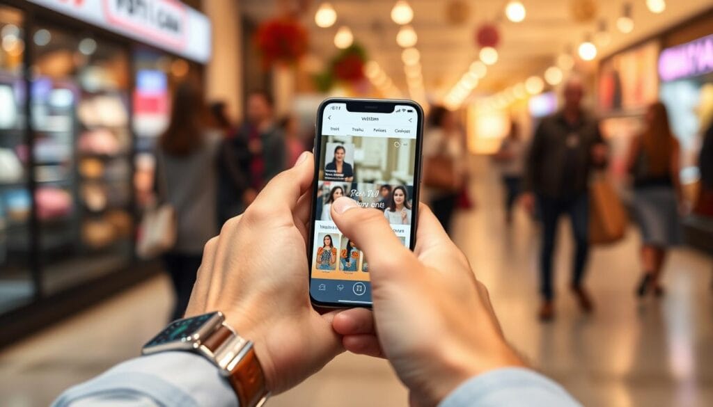 A modern live shopping app interface displayed on a sleek smartphone, showcasing key features like live video streaming, real-time chat, and easy checkout options. The app screen features engaging visuals of products, with icons representing discounts and customer reviews. In the foreground, a hand swipes through the app, wearing a stylish watch for a touch of elegance. The middle ground shows a cozy shopping environment with warm lighting, hinting at a bustling marketplace feel. In the background, soft bokeh effects suggest a lively atmosphere filled with shoppers. The scene evokes excitement and ease of use, ideal for online shopping enthusiasts. Include the brand logo "voti1.com" subtly placed on the app interface. A modern live shopping app interface displayed on a sleek smartphone, showcasing key features like live video streaming, real-time chat, and easy checkout options. The app screen features engaging visuals of products, with icons representing discounts and customer reviews. In the foreground, a hand swipes through the app, wearing a stylish watch for a touch of elegance. The middle ground shows a cozy shopping environment with warm lighting, hinting at a bustling marketplace feel. In the background, soft bokeh effects suggest a lively atmosphere filled with shoppers. The scene evokes excitement and ease of use, ideal for online shopping enthusiasts. Include the brand logo "voti1.com" subtly placed on the app interface.