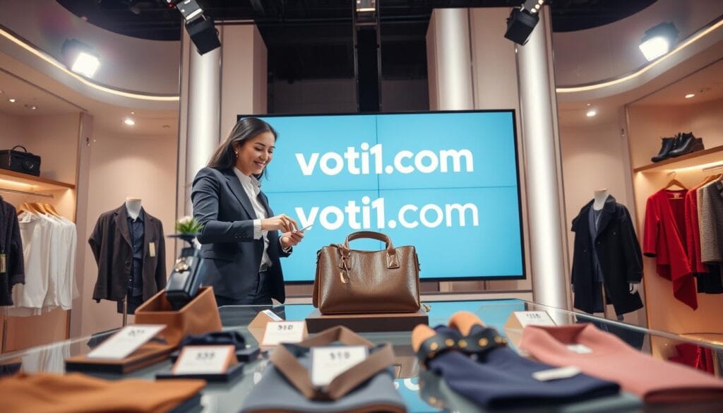 A modern live shopping setup featuring a professional host in smart casual attire, showcasing trendy fashion items through a sleek display table. The foreground shows a beautifully arranged collection of apparel and accessories, with price tags attached to each item for shoppable content. In the middle ground, the host engages with an enticing product, demonstrating its features with enthusiasm. The backdrop features an elegantly lit studio with bright, focused lighting that highlights the products, creating a warm and inviting atmosphere. A large, high-definition monitor displays the **voti1.com** logo prominently, serving as a focal point. The angle captures both the host and the products, ensuring that viewers feel the immediacy of the shopping experience. The mood is lively and dynamic, encouraging viewers to make quick purchase decisions. A modern live shopping setup featuring a professional host in smart casual attire, showcasing trendy fashion items through a sleek display table. The foreground shows a beautifully arranged collection of apparel and accessories, with price tags attached to each item for shoppable content. In the middle ground, the host engages with an enticing product, demonstrating its features with enthusiasm. The backdrop features an elegantly lit studio with bright, focused lighting that highlights the products, creating a warm and inviting atmosphere. A large, high-definition monitor displays the **voti1.com** logo prominently, serving as a focal point. The angle captures both the host and the products, ensuring that viewers feel the immediacy of the shopping experience. The mood is lively and dynamic, encouraging viewers to make quick purchase decisions.