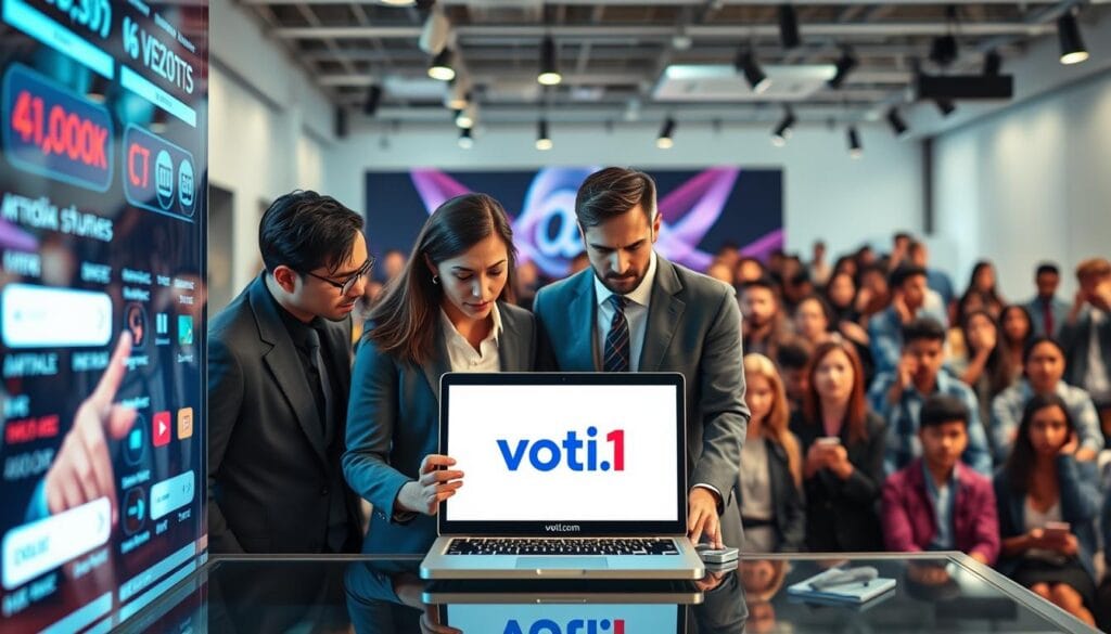 A modern live shopping site interface showcasing various challenges faced in this emerging industry. In the foreground, a digital display highlights technical issues like buffering symbols and error messages. The middle area shows a diverse group of professionals in business attire, intently discussing solutions, with a laptop open displaying the brand "voti1.com." In the background, a vibrant, bustling audience watches the live stream, some looking puzzled while others engage with their devices. The scene is illuminated with soft, natural lighting that evokes a sense of urgency and collaboration. The overall mood is one of determination and problem-solving in a contemporary virtual shopping environment, capturing the pressures and excitement of live commerce in 2026.