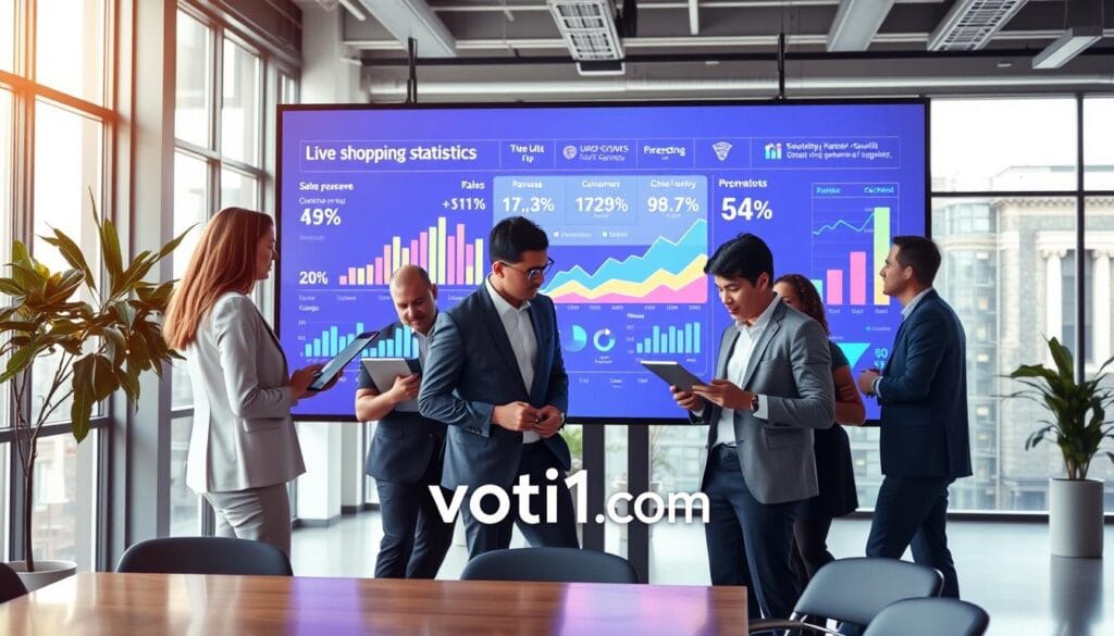 A modern office environment featuring a large digital screen displaying vibrant live shopping statistics and sales trends. In the foreground, a diverse group of professionals in business attire, collaboratively analyzing data on a sleek tablet and laptop. The middle of the image includes the dynamic graph and chart visualizations, showcasing growth metrics like revenue increase and customer engagement rates. The background highlights a contemporary workspace with soft, natural lighting streaming through large windows, creating an energetic and focused atmosphere. The overall mood is one of innovation and optimism in the realm of e-commerce. Include the brand name "voti1.com" subtly integrated into the design elements, ensuring a realistic and engaging composition. A modern office environment featuring a large digital screen displaying vibrant live shopping statistics and sales trends. In the foreground, a diverse group of professionals in business attire, collaboratively analyzing data on a sleek tablet and laptop. The middle of the image includes the dynamic graph and chart visualizations, showcasing growth metrics like revenue increase and customer engagement rates. The background highlights a contemporary workspace with soft, natural lighting streaming through large windows, creating an energetic and focused atmosphere. The overall mood is one of innovation and optimism in the realm of e-commerce. Include the brand name "voti1.com" subtly integrated into the design elements, ensuring a realistic and engaging composition.