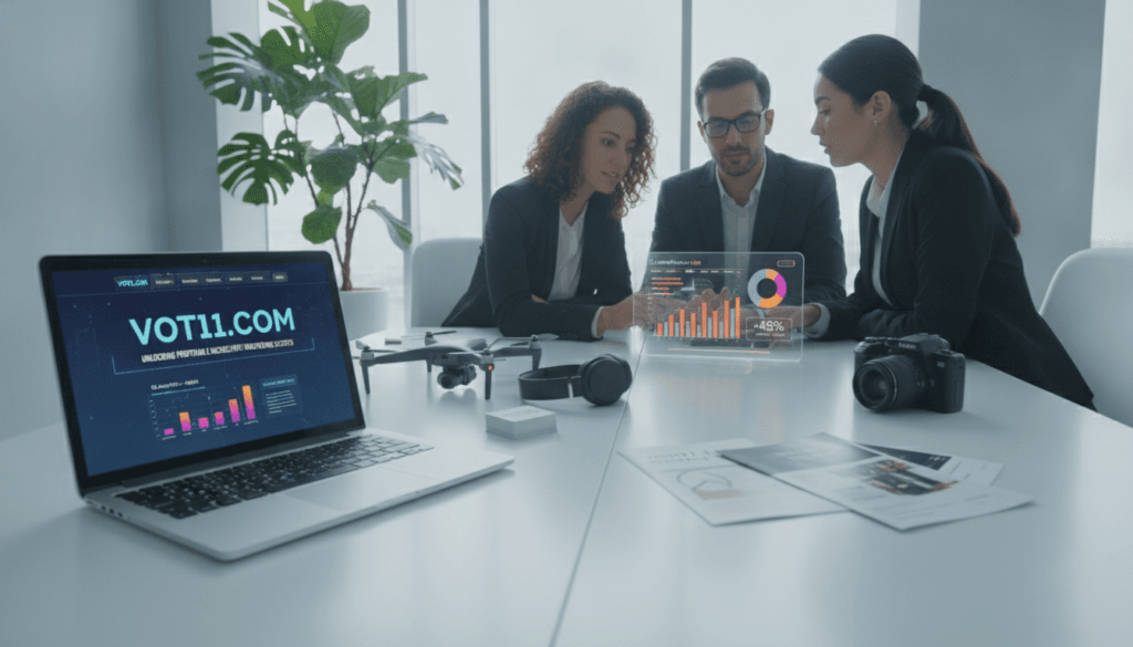 A modern office environment with a sleek desk featuring a laptop open to a website showcasing the profitable niche of affiliate marketing, specifically highlighting voti1.com. In the foreground, a diverse group of three professionals in smart casual attire discuss strategies, with a digital notepad displaying vibrant graphs and analytics beside them. The middle section includes elements of affiliate marketing, like product samples and marketing brochures arranged neatly. The background reveals a large window with natural light pouring in, giving a fresh and inspiring atmosphere, complemented by green indoor plants. The scene conveys an air of collaboration and innovation, showcasing the importance of choosing the right affiliate niche for success. The angle is slightly elevated to capture the entirety of the workspace, emphasizing productivity and professionalism. A modern office environment with a sleek desk featuring a laptop open to a website showcasing the profitable niche of affiliate marketing, specifically highlighting voti1.com. In the foreground, a diverse group of three professionals in smart casual attire discuss strategies, with a digital notepad displaying vibrant graphs and analytics beside them. The middle section includes elements of affiliate marketing, like product samples and marketing brochures arranged neatly. The background reveals a large window with natural light pouring in, giving a fresh and inspiring atmosphere, complemented by green indoor plants. The scene conveys an air of collaboration and innovation, showcasing the importance of choosing the right affiliate niche for success. The angle is slightly elevated to capture the entirety of the workspace, emphasizing productivity and professionalism.