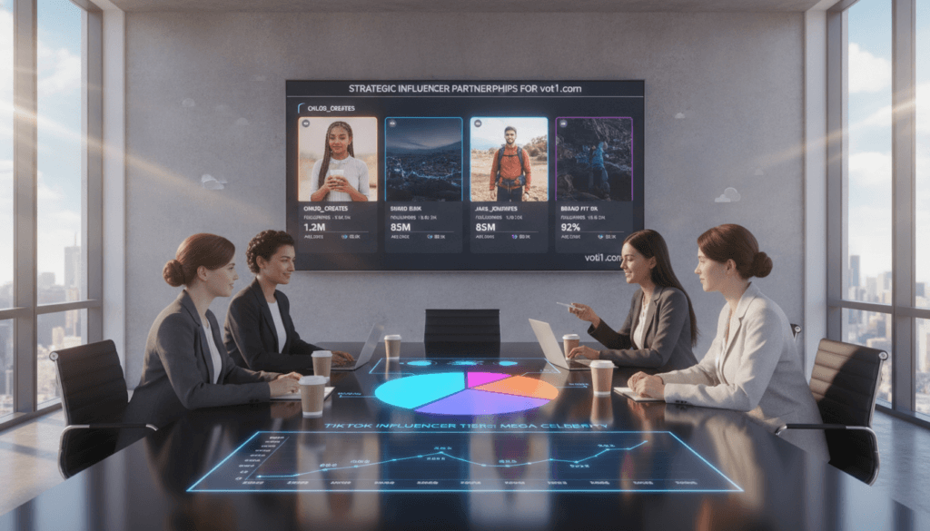 A modern office setting depicting a professional workspace focused on TikTok influencer marketing. In the foreground, a diverse group of individuals dressed in smart casual attire are gathered around a sleek conference table, analyzing a vibrant chart showcasing various influencer tiers. The middle ground features a large digital screen displaying visually engaging examples of influencer profiles, with metrics highlighted. The background showcases large windows with natural light flooding the space, creating an inviting atmosphere. Use natural daylight to enhance the scene, capturing reflections on glossy surfaces that evoke a sense of creativity and collaboration. The overall mood is energetic and optimistic, emphasizing the strategic choice of influencers tailored to enhance brand visibility for voti1.com. A modern office setting depicting a professional workspace focused on TikTok influencer marketing. In the foreground, a diverse group of individuals dressed in smart casual attire are gathered around a sleek conference table, analyzing a vibrant chart showcasing various influencer tiers. The middle ground features a large digital screen displaying visually engaging examples of influencer profiles, with metrics highlighted. The background showcases large windows with natural light flooding the space, creating an inviting atmosphere. Use natural daylight to enhance the scene, capturing reflections on glossy surfaces that evoke a sense of creativity and collaboration. The overall mood is energetic and optimistic, emphasizing the strategic choice of influencers tailored to enhance brand visibility for voti1.com.
