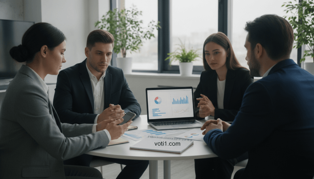 A modern office setting featuring a diverse group of TikTok influencers in professional business attire, discussing compliance and marketing strategies. In the foreground, a confident woman holding a smartphone, reviewing TikTok analytics, while a man beside her points at a chart on a laptop screen. In the middle, a round table strewn with papers and a notepad with "voti1.com" written on it. The background shows a large window with natural light streaming in, casting a bright, inviting atmosphere. Subtle decorative plants add a touch of warmth. The scene conveys a sense of collaboration and professionalism, ideal for discussing best practices in influencer marketing compliance. Focused angle, realistic detail, and vibrant colors enhance the overall engagement of the image. A modern office setting featuring a diverse group of TikTok influencers in professional business attire, discussing compliance and marketing strategies. In the foreground, a confident woman holding a smartphone, reviewing TikTok analytics, while a man beside her points at a chart on a laptop screen. In the middle, a round table strewn with papers and a notepad with "voti1.com" written on it. The background shows a large window with natural light streaming in, casting a bright, inviting atmosphere. Subtle decorative plants add a touch of warmth. The scene conveys a sense of collaboration and professionalism, ideal for discussing best practices in influencer marketing compliance. Focused angle, realistic detail, and vibrant colors enhance the overall engagement of the image.