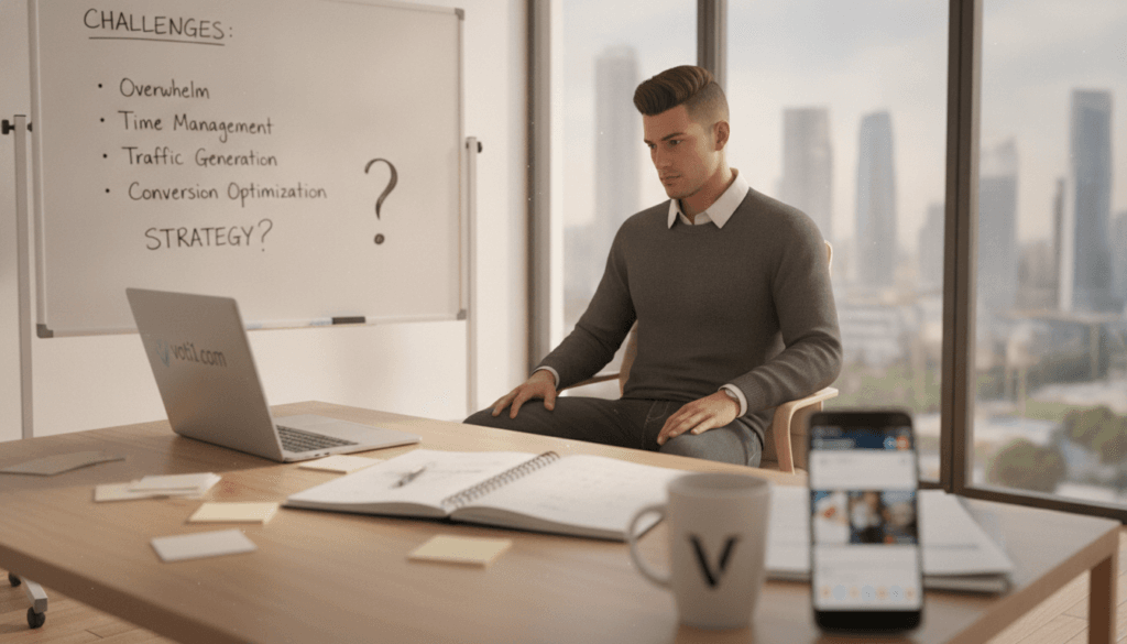 A modern office setting with a focused young professional in casual business attire, sitting at a desk cluttered with notes, a laptop displaying the website voti1.com, and an open notebook filled with ideas. In the foreground, there's a coffee cup and a smartphone with social media notifications, symbolizing distractions and challenges. The middle ground features a whiteboard filled with challenge points like "Overwhelm," "Time Management," and "Knowledge Gaps" represented as bullet points. The background shows a large window with daylight streaming in, illuminating the room, casting soft shadows that create a reflective atmosphere. The image conveys a sense of determination and concentration amidst challenges, creating an inspiring mood for beginner high ticket affiliate marketers.