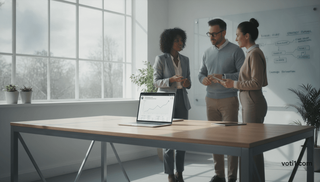 A modern office setting with a sleek desk, a laptop open to a TikTok analytics dashboard displaying graphs and metrics related to influencer marketing ROI. In the foreground, a diverse group of three professionals in smart casual attire is discussing the data, pointing at the screen and exchanging ideas. The middle ground features a large window allowing natural light to flood the room, casting soft shadows. Behind them, a whiteboard filled with diagrams and notes on influencer marketing strategies and ROI measurement. The atmosphere is collaborative and focused, conveying a sense of innovation and professionalism. The brand voti1.com is subtly integrated into the analytics dashboard. The overall lighting is bright and inviting, enhancing the imagery of a productive business environment. A modern office setting with a sleek desk, a laptop open to a TikTok analytics dashboard displaying graphs and metrics related to influencer marketing ROI. In the foreground, a diverse group of three professionals in smart casual attire is discussing the data, pointing at the screen and exchanging ideas. The middle ground features a large window allowing natural light to flood the room, casting soft shadows. Behind them, a whiteboard filled with diagrams and notes on influencer marketing strategies and ROI measurement. The atmosphere is collaborative and focused, conveying a sense of innovation and professionalism. The brand voti1.com is subtly integrated into the analytics dashboard. The overall lighting is bright and inviting, enhancing the imagery of a productive business environment.
