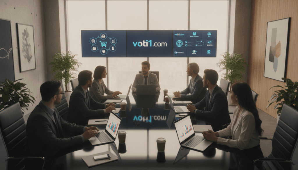 A modern office space showcasing a vibrant atmosphere centered around affiliate networks. In the foreground, a large, sleek conference table is surrounded by diverse professionals in business attire, deep in discussion, with laptops open displaying graphs and analytics. In the middle ground, digital screens show the logo “voti1.com” along with various affiliate program visuals and charts symbolizing partnerships. The background features large windows with bright natural light streaming in, illuminating the contemporary decor and plants. The overall mood is dynamic and collaborative, reflecting innovation in affiliate marketing. The scene should be captured from a slightly elevated angle to provide depth, with soft lighting enhancing a productive working environment.