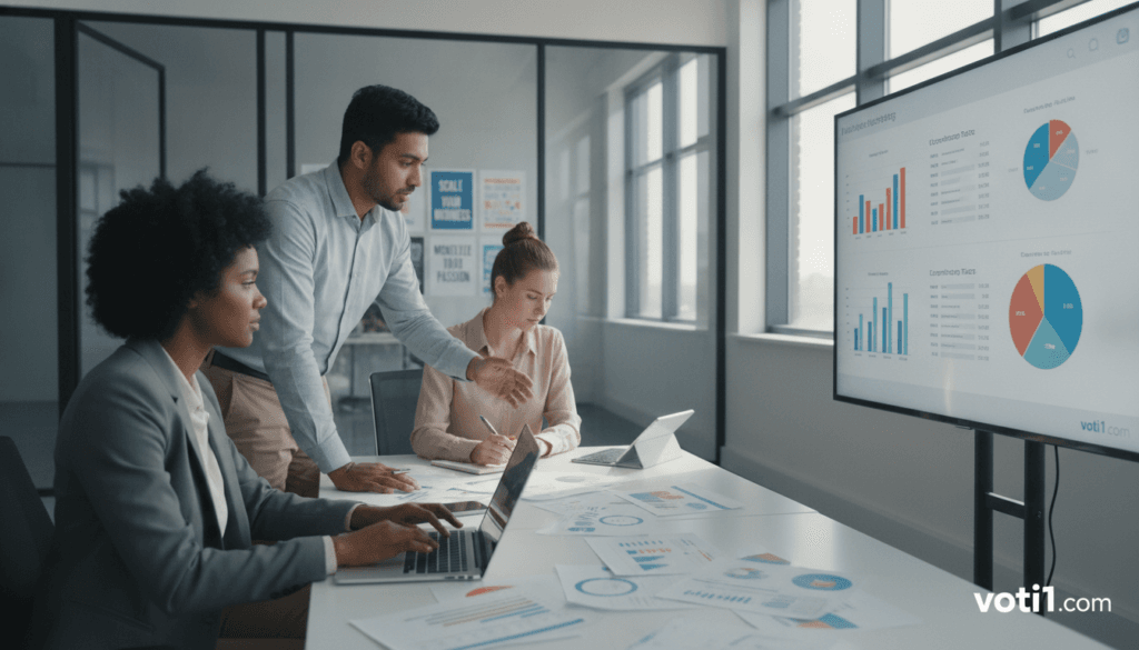 A modern office workspace focused on affiliate marketing skills, featuring a diverse group of three professionals working collaboratively. In the foreground, a woman in professional attire analyzes campaign tracking data on a laptop, while a man gestures towards a large screen displaying colorful graphs and metrics. In the middle, another team member is taking notes, surrounded by charts and marketing tools. The background showcases a sleek, well-lit office with glass walls and motivational posters related to digital marketing, creating an inspiring atmosphere. Natural light pours in from large windows, casting soft shadows and enhancing the sense of productivity. Include the website logo "voti1.com" subtly in the corner of a presentation on the screen, ensuring a business-focused aesthetic. A modern office workspace focused on affiliate marketing skills, featuring a diverse group of three professionals working collaboratively. In the foreground, a woman in professional attire analyzes campaign tracking data on a laptop, while a man gestures towards a large screen displaying colorful graphs and metrics. In the middle, another team member is taking notes, surrounded by charts and marketing tools. The background showcases a sleek, well-lit office with glass walls and motivational posters related to digital marketing, creating an inspiring atmosphere. Natural light pours in from large windows, casting soft shadows and enhancing the sense of productivity. Include the website logo "voti1.com" subtly in the corner of a presentation on the screen, ensuring a business-focused aesthetic.