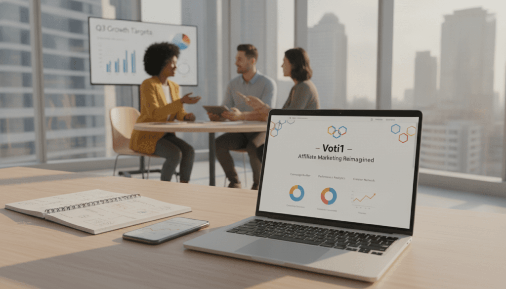 A modern office workspace showcasing a vibrant affiliate marketing platform in action. In the foreground, a sleek laptop displays the homepage of "voti1.com" with various digital marketing tools. Beside it, a notepad filled with strategic ideas and a smartphone with analytic graphs. In the middle ground, a diverse team of professionals dressed in smart casual attire discusses strategies, with charts and graphs on a wall-mounted screen behind them. The background features cityscape windows, allowing natural light to flood the space, creating an energizing atmosphere. The scene conveys collaboration and innovation, with a slight focus on teamwork and technology. Use a soft focus lens to capture a warm and inviting mood, emphasizing clarity on the laptop screen. A modern office workspace showcasing a vibrant affiliate marketing platform in action. In the foreground, a sleek laptop displays the homepage of "voti1.com" with various digital marketing tools. Beside it, a notepad filled with strategic ideas and a smartphone with analytic graphs. In the middle ground, a diverse team of professionals dressed in smart casual attire discusses strategies, with charts and graphs on a wall-mounted screen behind them. The background features cityscape windows, allowing natural light to flood the space, creating an energizing atmosphere. The scene conveys collaboration and innovation, with a slight focus on teamwork and technology. Use a soft focus lens to capture a warm and inviting mood, emphasizing clarity on the laptop screen.