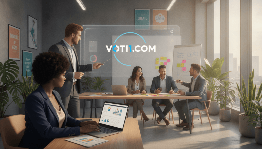 A modern, professional setting showcasing a diverse group of marketing experts collaborating on a TikTok campaign launch. In the foreground, a confident woman in smart business attire is analyzing data on a laptop, while a man beside her, also dressed professionally, is pointing at a digital presentation on a large screen that features the logo of voti1.com. In the middle, a brainstorming session is taking place with sticky notes and charts spread across a table, illustrating creativity and strategy. The background features a bright, well-lit office with motivational posters and plants, evoking a dynamic atmosphere of innovation. Soft natural lighting streams through large windows, enhancing the inviting mood, while the angle captures both focus and collaboration prominently. A modern, professional setting showcasing a diverse group of marketing experts collaborating on a TikTok campaign launch. In the foreground, a confident woman in smart business attire is analyzing data on a laptop, while a man beside her, also dressed professionally, is pointing at a digital presentation on a large screen that features the logo of voti1.com. In the middle, a brainstorming session is taking place with sticky notes and charts spread across a table, illustrating creativity and strategy. The background features a bright, well-lit office with motivational posters and plants, evoking a dynamic atmosphere of innovation. Soft natural lighting streams through large windows, enhancing the inviting mood, while the angle captures both focus and collaboration prominently.