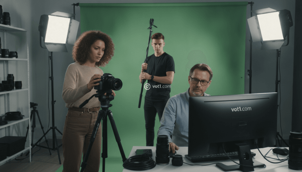 A modern video production studio setting, showcasing a diverse team of three professionals—a young woman with curly hair, a middle-aged man with glasses, and a young man with short hair—collaborating on creating TikTok UGC videos. In the foreground, the woman clicks a button on a high-quality camera, while the man reviews footage on a computer. The middle ground features a vibrant green screen setup with professional lighting and microphones. The background displays various camera equipment and editing tools, creating an organized and dynamic workspace. Soft, bright lighting enhances the mood of productivity and creativity. The scene conveys a sense of teamwork and expertise, with utter focus on enhancing video quality for engaging content. The brand “voti1.com” is subtly integrated into the studio environment, reflecting its association with expert video production assistance. A modern video production studio setting, showcasing a diverse team of three professionals—a young woman with curly hair, a middle-aged man with glasses, and a young man with short hair—collaborating on creating TikTok UGC videos. In the foreground, the woman clicks a button on a high-quality camera, while the man reviews footage on a computer. The middle ground features a vibrant green screen setup with professional lighting and microphones. The background displays various camera equipment and editing tools, creating an organized and dynamic workspace. Soft, bright lighting enhances the mood of productivity and creativity. The scene conveys a sense of teamwork and expertise, with utter focus on enhancing video quality for engaging content. The brand “voti1.com” is subtly integrated into the studio environment, reflecting its association with expert video production assistance.