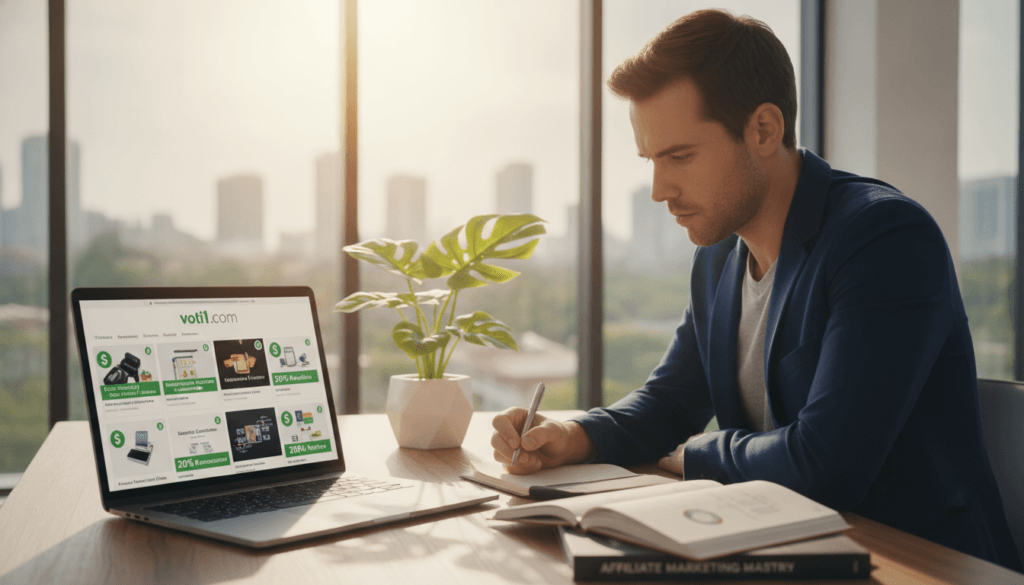 A modern workspace captures the essence of selecting a profitable affiliate marketing niche. In the foreground, a close-up of a laptop screen displays the website voti1.com, showcasing affiliate programs with various products prominently highlighted. A professional figure, dressed in a smart casual outfit, is seen thoughtfully analyzing data on the screen, with a notepad and pen beside them. In the middle ground, a stylish desk is adorned with a potted plant and an open book on marketing strategies, suggesting creativity and study. The background features a bright, airy office with large windows letting in natural sunlight, creating a warm and inviting atmosphere. The mood is focused and motivational, emphasizing the importance of making informed decisions in affiliate marketing. A modern workspace captures the essence of selecting a profitable affiliate marketing niche. In the foreground, a close-up of a laptop screen displays the website voti1.com, showcasing affiliate programs with various products prominently highlighted. A professional figure, dressed in a smart casual outfit, is seen thoughtfully analyzing data on the screen, with a notepad and pen beside them. In the middle ground, a stylish desk is adorned with a potted plant and an open book on marketing strategies, suggesting creativity and study. The background features a bright, airy office with large windows letting in natural sunlight, creating a warm and inviting atmosphere. The mood is focused and motivational, emphasizing the importance of making informed decisions in affiliate marketing.