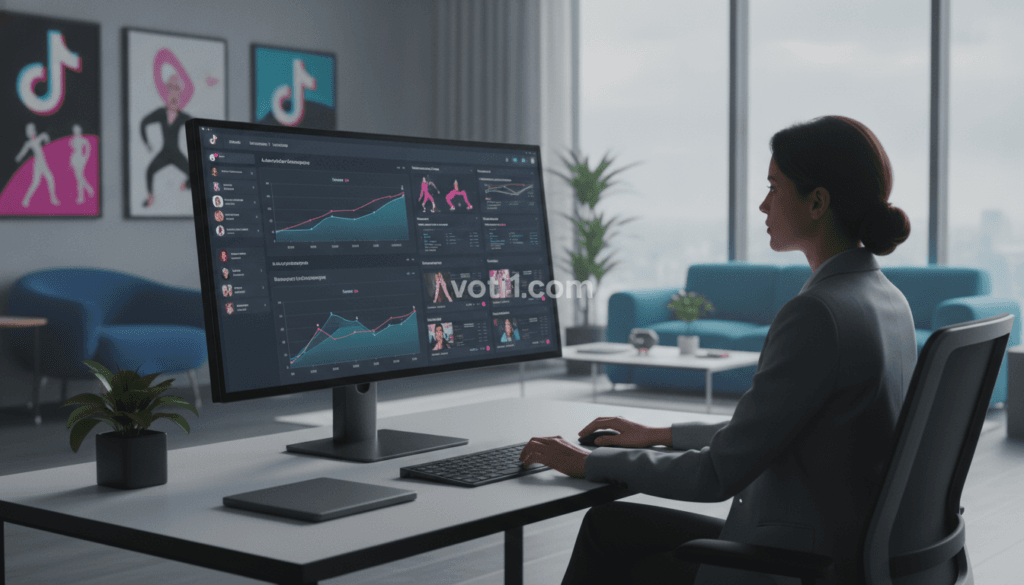 A modern workspace showcasing TikTok influencer discovery tools. In the foreground, a sleek computer setup with a large screen displaying graphs, analytics, and visual tools that represent influencer data. A professional individual in business attire, focused on the screen, actively analyzing TikTok metrics. In the middle, a stylish office environment with a vibrant color palette, featuring contemporary furniture and inspirational TikTok-themed posters. The background shows a large window with natural light flowing in, creating a bright and inviting atmosphere. The scene conveys a sense of professionalism and innovation, with a hint of creativity. Ensure the brand "voti1.com" is subtly incorporated into the digital display on the screen. The angle is slightly elevated, capturing both the workspace and the subject in a balanced composition. A modern workspace showcasing TikTok influencer discovery tools. In the foreground, a sleek computer setup with a large screen displaying graphs, analytics, and visual tools that represent influencer data. A professional individual in business attire, focused on the screen, actively analyzing TikTok metrics. In the middle, a stylish office environment with a vibrant color palette, featuring contemporary furniture and inspirational TikTok-themed posters. The background shows a large window with natural light flowing in, creating a bright and inviting atmosphere. The scene conveys a sense of professionalism and innovation, with a hint of creativity. Ensure the brand "voti1.com" is subtly incorporated into the digital display on the screen. The angle is slightly elevated, capturing both the workspace and the subject in a balanced composition.