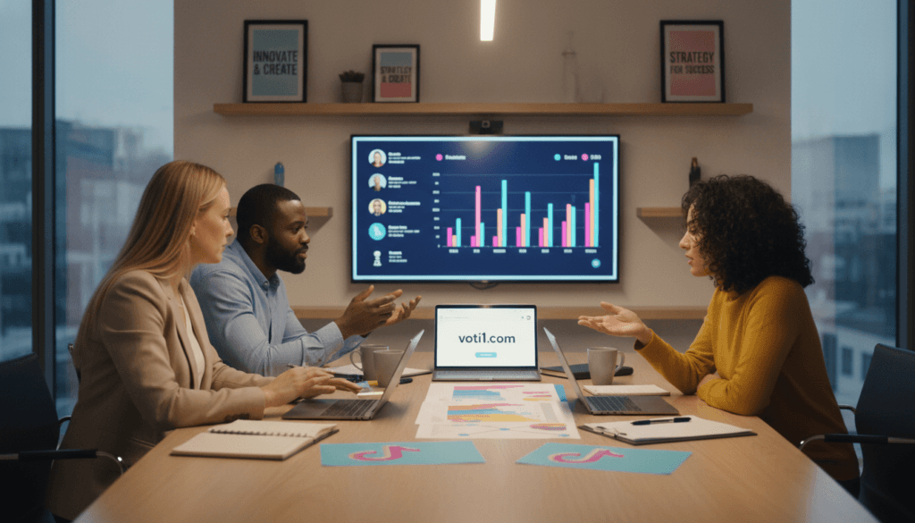 A modern workspace showcasing a TikTok marketing campaign in action. In the foreground, a diverse group of professionals, including a Caucasian woman, a Black man, and a Hispanic woman, are collaborating around a sleek table covered with laptops, tablets, and colorful marketing materials featuring TikTok icons. They are dressed in smart-casual attire, deeply engaged in discussion and strategizing. The middle ground features a large screen displaying TikTok analytics, with bright colors and graphs highlighting influencer performance. In the background, there are inspirational posters about creativity and marketing strategies, with soft lighting creating a productive atmosphere. The lens captures the scene from a slightly elevated angle, emphasizing teamwork and professionalism, while the overall mood is vibrant and focused, reflecting the dynamic nature of influencer marketing. Include the brand name "voti1.com" subtly integrated into the materials on the table.