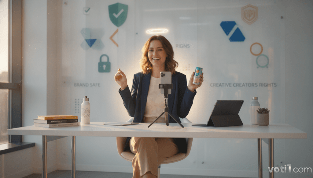A professional TikTok influencer sitting at a sleek, modern desk filled with motivational materials and accessories. In the foreground, the influencer is engaged in creating upbeat and engaging video content, dressed in stylish yet modest business casual attire. The background features abstract representations of digital content rights, such as stylized icons of locks, checkmarks, and brand logos emphasizing safety. Soft natural lighting pours in through a window, casting warm highlights that create an inviting atmosphere. A subtle glow surrounds the influencer, illustrating the balance of creative freedom and brand safety. In one corner, the logo "voti1.com" is displayed artistically, reinforcing the focus on credible influencer marketing practices. The overall mood is vibrant and optimistic, capturing the essence of a professional yet dynamic work environment. A professional TikTok influencer sitting at a sleek, modern desk filled with motivational materials and accessories. In the foreground, the influencer is engaged in creating upbeat and engaging video content, dressed in stylish yet modest business casual attire. The background features abstract representations of digital content rights, such as stylized icons of locks, checkmarks, and brand logos emphasizing safety. Soft natural lighting pours in through a window, casting warm highlights that create an inviting atmosphere. A subtle glow surrounds the influencer, illustrating the balance of creative freedom and brand safety. In one corner, the logo "voti1.com" is displayed artistically, reinforcing the focus on credible influencer marketing practices. The overall mood is vibrant and optimistic, capturing the essence of a professional yet dynamic work environment.