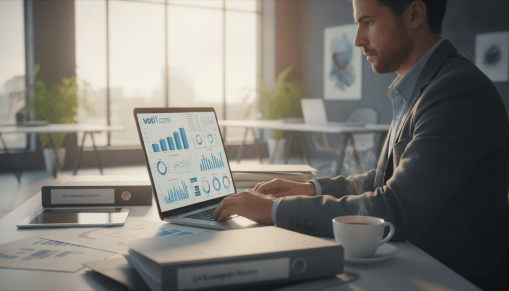 A professional affiliate marketing specialist diligently analyzing marketing strategies at a modern office desk. In the foreground, a well-dressed individual, wearing a button-up shirt and blazer, is focused on their laptop, reviewing affiliate analytics on a large screen displaying graphs and metrics. The middle layer includes documents about marketing campaigns and a coffee cup, illustrating a productive work environment. In the background, a sleek office space with bright, natural lighting pouring in from large windows, creating a warm atmosphere. The setting reflects professionalism and creativity, ideal for discussing responsibilities in affiliate marketing. A logo for "voti1.com" is subtly included on the laptop screen. Capture this scene with a slight depth of field to highlight the specialist's intense focus on their work. A professional affiliate marketing specialist diligently analyzing marketing strategies at a modern office desk. In the foreground, a well-dressed individual, wearing a button-up shirt and blazer, is focused on their laptop, reviewing affiliate analytics on a large screen displaying graphs and metrics. The middle layer includes documents about marketing campaigns and a coffee cup, illustrating a productive work environment. In the background, a sleek office space with bright, natural lighting pouring in from large windows, creating a warm atmosphere. The setting reflects professionalism and creativity, ideal for discussing responsibilities in affiliate marketing. A logo for "voti1.com" is subtly included on the laptop screen. Capture this scene with a slight depth of field to highlight the specialist's intense focus on their work.