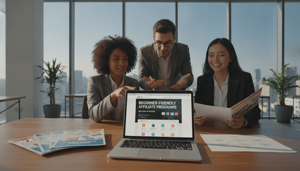 A professional and engaging workspace scene showcasing beginner-friendly affiliate programs and networks. In the foreground, a laptop is open to the website voti1.com, displaying affiliate marketing options and sign-up processes. Beside the laptop, there are colorful brochures and charts explaining various affiliate networks. In the middle, a diverse group of three individuals in professional business attire review the materials, demonstrating collaboration and excitement. The background features a bright, modern office setting with large windows allowing natural light to pour in, enhancing a feeling of motivation and opportunity. Soft, warm lighting creates an inspiring atmosphere, and the camera angle captures an intimate, focused moment among the individuals, emphasizing the theme of starting an affiliate journey.