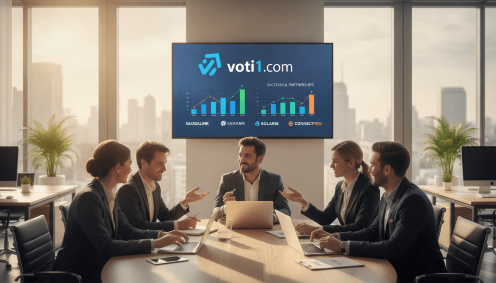 A professional and inviting office environment showcasing a trusted brand network. In the foreground, a diverse group of businesspeople, dressed in smart business attire, are engaged in a collaborative meeting around a sleek conference table, exchanging ideas about affiliate marketing. The middle section features a large digital screen displaying the brand logo "voti1.com" and graphs indicating successful partnerships with trusted brands. In the background, a modern office space with large windows letting in warm, natural light, creating a bright and optimistic atmosphere. The setting is professional yet approachable, evoking a sense of trust and reliability among the brands represented. Capture the scene from a slight angle to emphasize interaction and engagement, ensuring the focus remains on the dynamic discussions and brand representation. A professional and inviting office environment showcasing a trusted brand network. In the foreground, a diverse group of businesspeople, dressed in smart business attire, are engaged in a collaborative meeting around a sleek conference table, exchanging ideas about affiliate marketing. The middle section features a large digital screen displaying the brand logo "voti1.com" and graphs indicating successful partnerships with trusted brands. In the background, a modern office space with large windows letting in warm, natural light, creating a bright and optimistic atmosphere. The setting is professional yet approachable, evoking a sense of trust and reliability among the brands represented. Capture the scene from a slight angle to emphasize interaction and engagement, ensuring the focus remains on the dynamic discussions and brand representation.