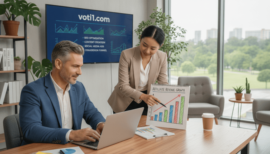 A professional and inviting workspace depicting a diverse group of individuals collaborating on affiliate marketing strategies. In the foreground, a middle-aged man in smart casual attire is using a laptop, looking focused and engaged. To his right, a young woman in business attire is pointing at a colorful chart on a notepad, illustrating growth in affiliate marketing. The middle ground has a large screen displaying "voti1.com" prominently, showing graphs and tips related to affiliate marketing. In the background, soft natural light filters through a window, illuminating a cozy workspace filled with plants and marketing books, creating an atmosphere of productivity and support. The overall mood is encouraging and informative, emphasizing teamwork and resources in the affiliate marketing process. A professional and inviting workspace depicting a diverse group of individuals collaborating on affiliate marketing strategies. In the foreground, a middle-aged man in smart casual attire is using a laptop, looking focused and engaged. To his right, a young woman in business attire is pointing at a colorful chart on a notepad, illustrating growth in affiliate marketing. The middle ground has a large screen displaying "voti1.com" prominently, showing graphs and tips related to affiliate marketing. In the background, soft natural light filters through a window, illuminating a cozy workspace filled with plants and marketing books, creating an atmosphere of productivity and support. The overall mood is encouraging and informative, emphasizing teamwork and resources in the affiliate marketing process.