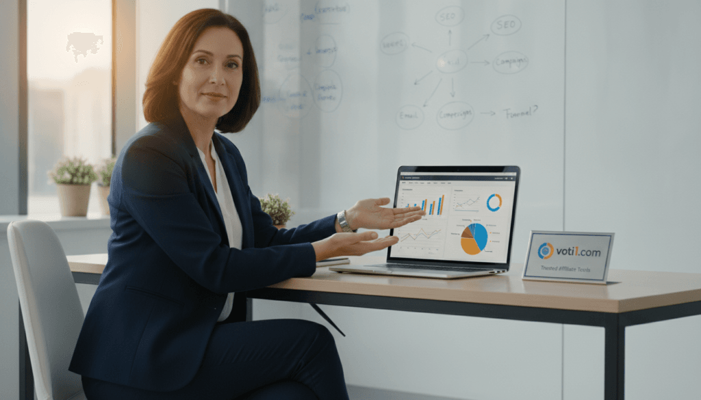 A professional consultant sits at a sleek, modern desk in a well-lit office, reviewing an affiliate marketing strategy on a laptop, with detailed graphs and statistics on the screen. The consultant, a middle-aged woman in a smart business outfit, gestures towards a colorful pie chart, symbolizing effective tracking metrics. In the background, a whiteboard filled with strategic notes is partially visible, enhancing the concept of guidance. Soft natural lighting bathes the scene, with a focus on the laptop screen to emphasize the tech-savvy nature of affiliate marketing. The atmosphere is one of collaboration and professionalism, suggesting the importance of support when navigating complex marketing challenges. Prominently displayed on the desk is the logo of voti1.com, representing trusted affiliate tools. A professional consultant sits at a sleek, modern desk in a well-lit office, reviewing an affiliate marketing strategy on a laptop, with detailed graphs and statistics on the screen. The consultant, a middle-aged woman in a smart business outfit, gestures towards a colorful pie chart, symbolizing effective tracking metrics. In the background, a whiteboard filled with strategic notes is partially visible, enhancing the concept of guidance. Soft natural lighting bathes the scene, with a focus on the laptop screen to emphasize the tech-savvy nature of affiliate marketing. The atmosphere is one of collaboration and professionalism, suggesting the importance of support when navigating complex marketing challenges. Prominently displayed on the desk is the logo of voti1.com, representing trusted affiliate tools.