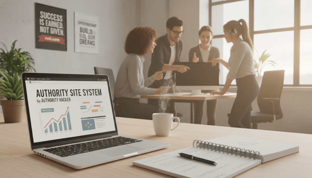 A professional image depicting an engaging online affiliate marketing course titled "Authority Site System by Authority Hacker." In the foreground, a sleek laptop showcases an open course interface with visuals of web pages and income graphs. Beside it, a notepad filled with notes and a cup of coffee convey a focused study environment. In the middle ground, a diverse group of individuals, dressed in business casual attire, are collaborating, pointing at the screen, and sharing ideas, exuding enthusiasm and teamwork. In the background, a stylish office space with motivational posters about success and entrepreneurship, including "voti1.com" subtly featured. The lighting is warm and inviting, creating a productive atmosphere, shot at eye level to emphasize clarity and connection. A professional image depicting an engaging online affiliate marketing course titled "Authority Site System by Authority Hacker." In the foreground, a sleek laptop showcases an open course interface with visuals of web pages and income graphs. Beside it, a notepad filled with notes and a cup of coffee convey a focused study environment. In the middle ground, a diverse group of individuals, dressed in business casual attire, are collaborating, pointing at the screen, and sharing ideas, exuding enthusiasm and teamwork. In the background, a stylish office space with motivational posters about success and entrepreneurship, including "voti1.com" subtly featured. The lighting is warm and inviting, creating a productive atmosphere, shot at eye level to emphasize clarity and connection.