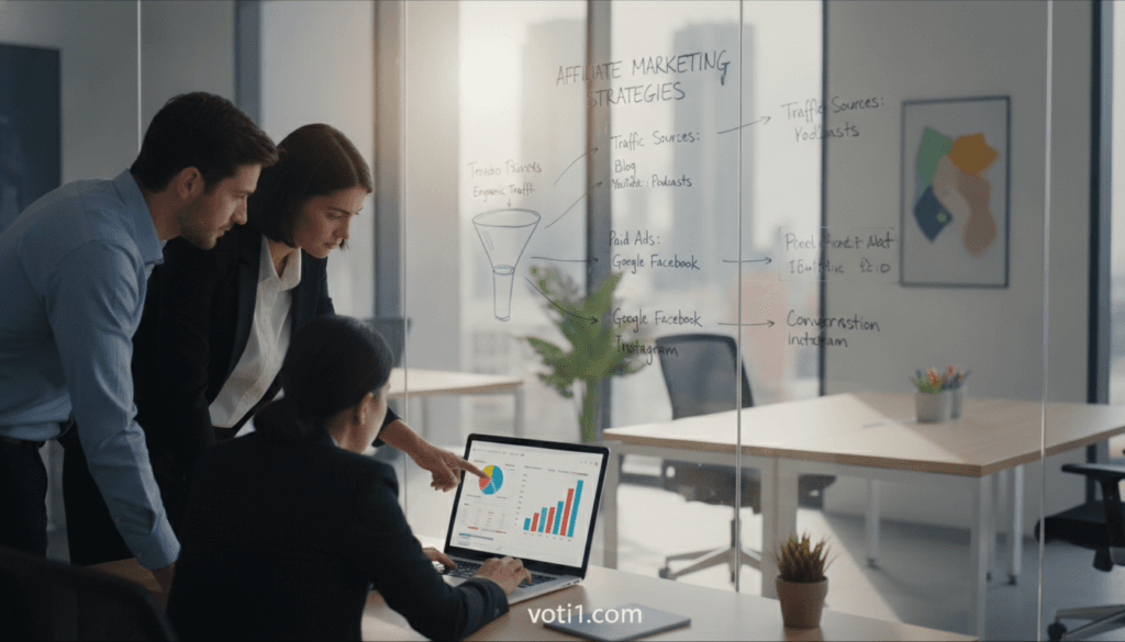 A professional office environment centered around a digital marketing strategy meeting. In the foreground, a diverse team of three individuals—two men in dress shirts and a woman in a smart blazer—analyzing data on a laptop displaying colorful graphs of SEO traffic and social media engagement metrics. The middle ground showcases a large whiteboard filled with visual notes and diagrams on affiliate marketing strategies, with charts illustrating traffic sources. In the background, a modern office with sleek furniture and large windows allowing natural light to pour in, creating a bright and motivating atmosphere. Soft focus on the office decor, enhancing the mood of creativity and professionalism. The brand name "voti1.com" is subtly displayed on the laptop screen as they brainstorm ideas to drive traffic through SEO, social media, and paid ads. A professional office environment centered around a digital marketing strategy meeting. In the foreground, a diverse team of three individuals—two men in dress shirts and a woman in a smart blazer—analyzing data on a laptop displaying colorful graphs of SEO traffic and social media engagement metrics. The middle ground showcases a large whiteboard filled with visual notes and diagrams on affiliate marketing strategies, with charts illustrating traffic sources. In the background, a modern office with sleek furniture and large windows allowing natural light to pour in, creating a bright and motivating atmosphere. Soft focus on the office decor, enhancing the mood of creativity and professionalism. The brand name "voti1.com" is subtly displayed on the laptop screen as they brainstorm ideas to drive traffic through SEO, social media, and paid ads.